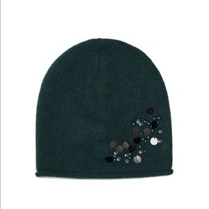 Zara Women Emerald Wool Blend Sequin Pearl Appliqué Beanie Medium